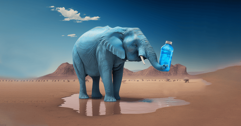 Słoń z napojem na pustyni